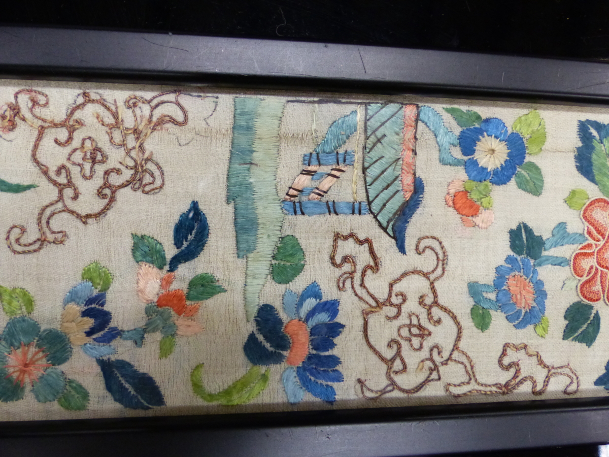 THREE CHINESE SLEEVE PANELS VARIOUSLY SILK EMBROIDERED WITH FLOWERS, BUTTERFLIES, PAVILIONS AND - Image 7 of 18