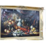 A DECORATIVE OIL PAINTING OF A TABLE TOP STILL LIFE AFTER THE OLD MASTERS, SIGNED INDISTINCTLY,