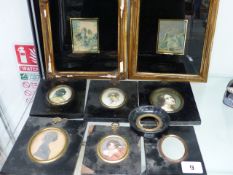 A 19th.C. PORTRAIT SILHOUETTE MINIATURE TOGETHER WITH FOUR PRINTED EXAMPLES, TWO BAXTER PRINTS AND