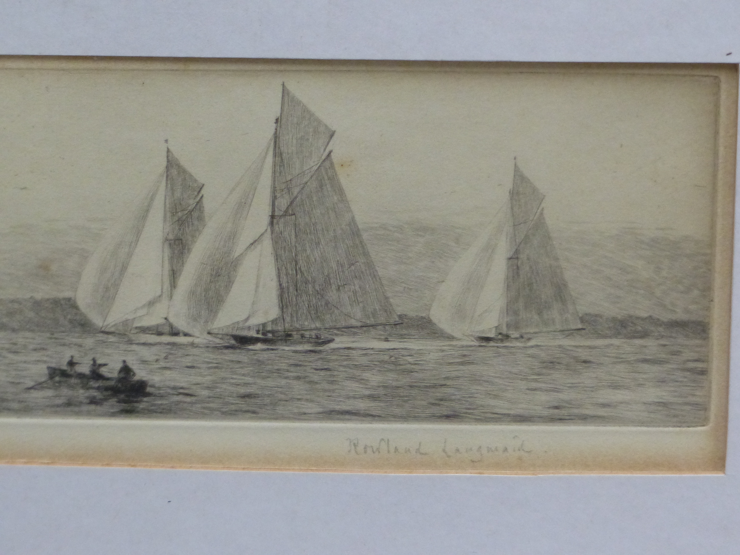 ROWLAND LANGMAID (1897 - 1956). SAILING VESSELS OFF RYDE. PENCIL SIGNED ETCHING. 10 x 34cms. - Image 5 of 9
