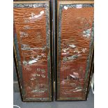 A PAIR OF CHINESE BROWN SILK PANELS EMBROIDERED WITH BOATS AND ISLAND PAVILIONS, IN BLACK FRAMES. 91
