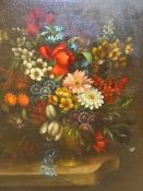 19th CENTURY SCHOOL. A STILL LIFE OF SUMMER FLOWERS, OIL ON CANVAS. 78 x 64cms.