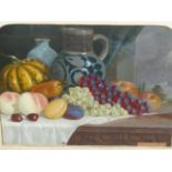 LATE 19th CENTURY ENGLISH SCHOOL. TABLE TOP STILL LIFE, OIL ON BOARD. INSCRIBED ON SHAPED MOUNT.