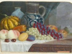 LATE 19th CENTURY ENGLISH SCHOOL. TABLE TOP STILL LIFE, OIL ON BOARD. INSCRIBED ON SHAPED MOUNT.