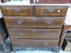 A GEORGIAN LINE INLAID MAHOGANY CHEST OF TWO SHORT AND THREE GRADED LONG DRAWERS ON BRACKET FEET. W