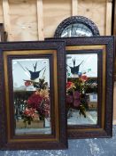 A PAIR OF EDWARDIAN DECORATED BEVEL EDGE MIRRORS AND TWO LATER EXAMPLES