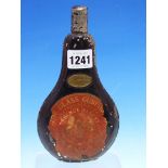 A JOHN HALL AND SON BLACKENED METAL POWDER FLASK BEARING BRASS AND PAPER LABELS INSCRIBED THE