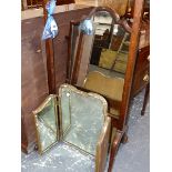 A MAHOGANY FULL LENGTH CHEVAL MIRROR TOGETHER WITH A THREE FOLD GILT FRAMED DRESSING TABLE MIRROR