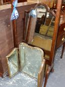 A MAHOGANY FULL LENGTH CHEVAL MIRROR TOGETHER WITH A THREE FOLD GILT FRAMED DRESSING TABLE MIRROR