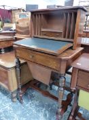 A VICTORIAN MARQUETRIED WALNUT WORK AND WRITING TABLE, THE RECESSED BACK WITH LEATHER INSET FALL ENC