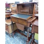 A VICTORIAN MARQUETRIED WALNUT WORK AND WRITING TABLE, THE RECESSED BACK WITH LEATHER INSET FALL ENC