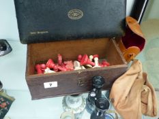 AN ANTIQUE BONE PART CHESS SET IN AN OAK BOX TOGETHER WITH A DRAUGHTSMAN'S SET AND A PAIR OF SMALL