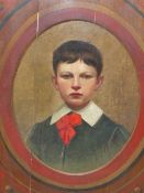 19th CENTURY CONTINENTAL SCHOOL FEIGNED OVAL PORTRAIT OF A BOY. OIL ON CANVAS DECORATIVE PAINTED