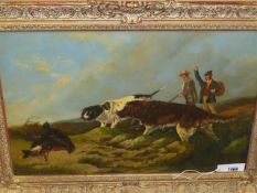 ENGLISH SCHOOL.(AFTER RICHARD ANSELL 1815-1885) HUNTERS WITH GUN DOGS. OIL ON PANEL 38 x 59 cms