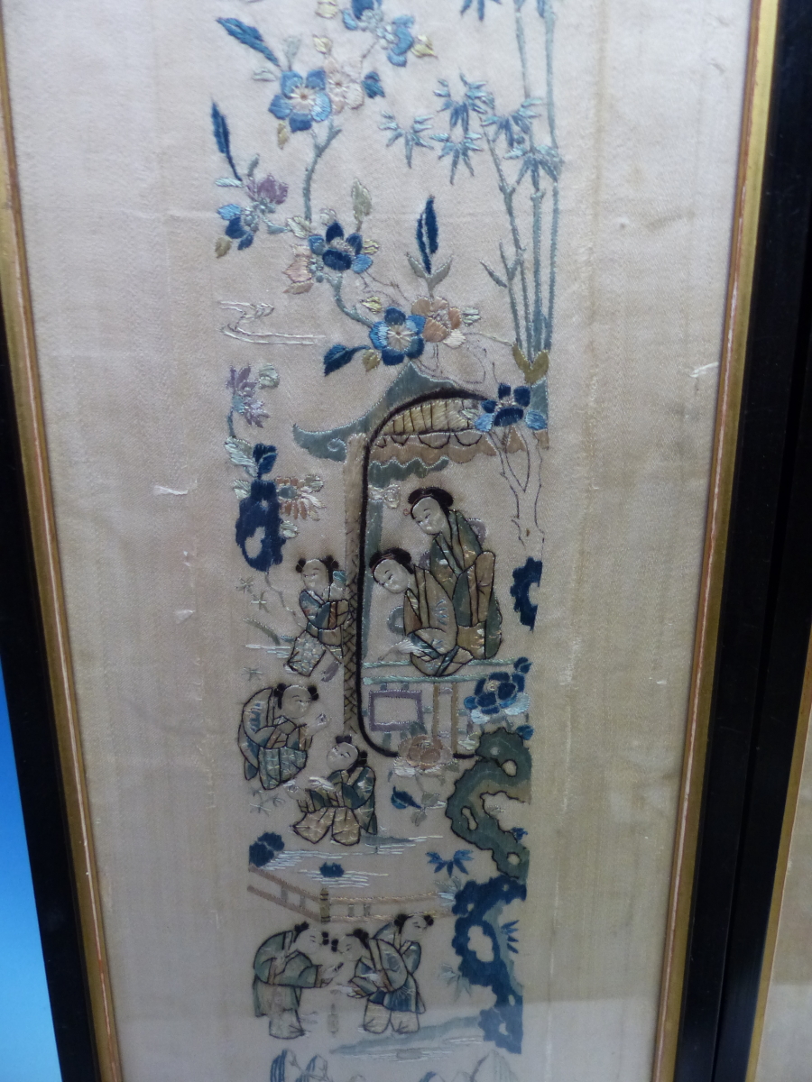 A PAIR OF CHINESE CREAM SILK SLEEVE PANELS EMBROIDERED WITH LADIES AND CHILDREN IN AND ABOUT - Image 3 of 24