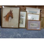 A FRAMED STEVENGRAPH OF A HORSE RACE, TOGETHER WITH VARIOUS SPORTING PRINTS, WATERCOLOURS, SIZES