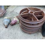 SIX MATCHING CAST IRON CART WHEELS, TOGETHER WITH FOUR PAINTED RAIN HOPPERS.