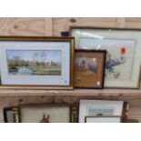 THREE 19th/20th C. LANDSCAPE WATERCOLOURS AND A FLORAL PRINT (3)