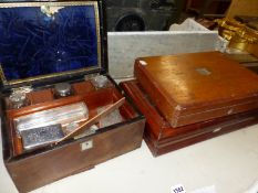 A MAHOGANY AND AN OAK CUTLERY BOX TOGETHER WITH A ROSEWOOD BOX