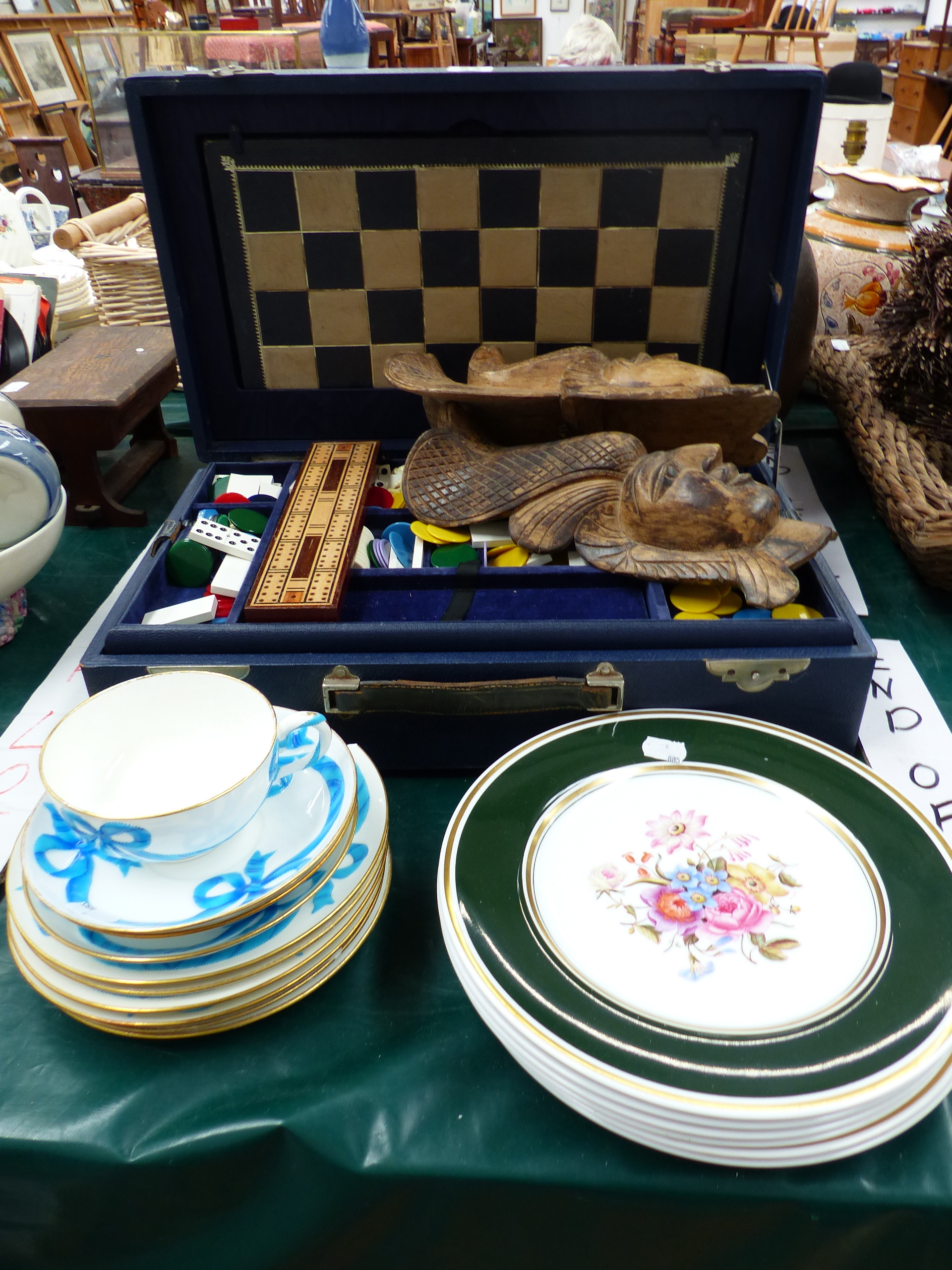 A VINTAGE GAMES COMPENDIUM BY F H AYRES, TOGETHER WITH SPODE PLATES, TWO MASKS,AND MINTON BLUE