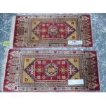 TWO SIMILAR ANTIQUE TURKISH MATS LARGEST 105 x 44 cm, 96 x 44cm (2)