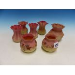 TWO PAIRS AND THREE OTHER WEBB TYPE BURMESE GLASS VASES, ONE PAIR PAINTED WITH FLOWERING VINE, THE