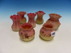 TWO PAIRS AND THREE OTHER WEBB TYPE BURMESE GLASS VASES, ONE PAIR PAINTED WITH FLOWERING VINE, THE