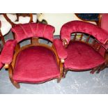 TWO SIMILAR EDWARDIAN MAHOGANY ARMCHAIRS UPHOLSTERED IN RED VELVET, ONE WITH SPINDLES BELOW THE HALF