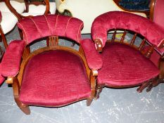 TWO SIMILAR EDWARDIAN MAHOGANY ARMCHAIRS UPHOLSTERED IN RED VELVET, ONE WITH SPINDLES BELOW THE HALF