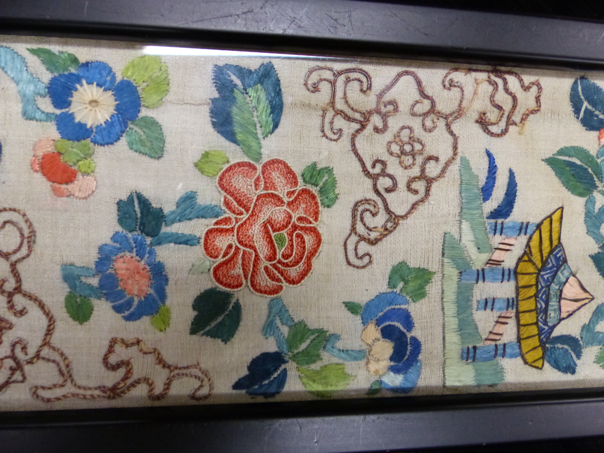 THREE CHINESE SLEEVE PANELS VARIOUSLY SILK EMBROIDERED WITH FLOWERS, BUTTERFLIES, PAVILIONS AND - Image 6 of 18