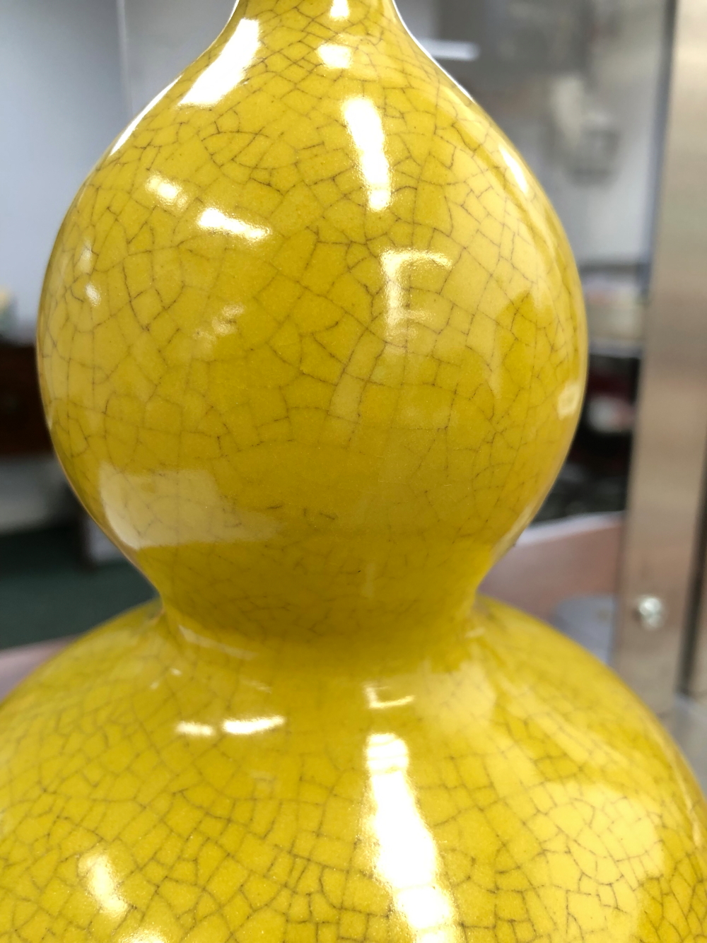 AN ORIENTAL DOUBLE GOURD VASE WITH YELLOW GLAZE. - Image 12 of 15