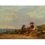 19th CENTURY CONTINENTAL SCHOOL. MAKING FISH TRAPS. INITIALLED H.D OIL ON CANVAS 24 x 32 cm