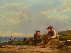 19th CENTURY CONTINENTAL SCHOOL. MAKING FISH TRAPS. INITIALLED H.D OIL ON CANVAS 24 x 32 cm