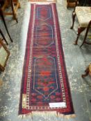 THREE ORIENTAL RUGS, A TURKISH RUNNER 270 x 69cm, A BELOUCH PRAYER RUG 148 x 86cm AND A