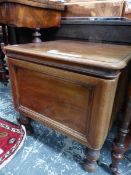 A VICTORIAN MAHOGANY COMMODE, THE RECTANGULAR LID OPENING OVER A WHITE CERAMIC FITTING AND SUPPORTED