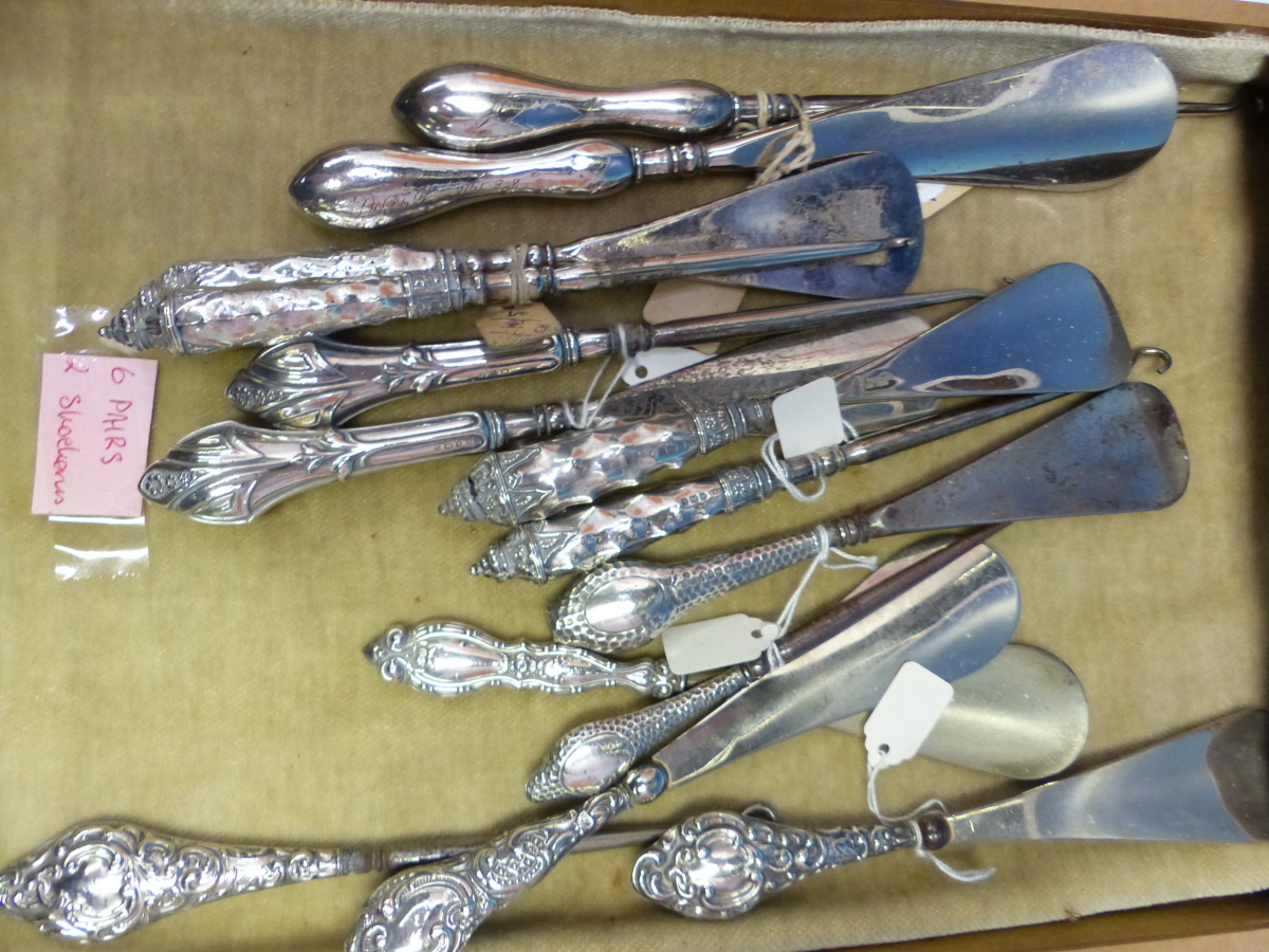 SIX BUTTON SHOE HORN PAIRS, LARGELY WITH HALLMARKED SILVER HANDLES