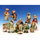 ELEVEN CINQUE PORT POTTERY, RYE, HUMANISED ANIMAL FIGURINES, TO INCLUDE: A FROG, AN OWL, A PHEASANT,