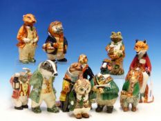 ELEVEN CINQUE PORT POTTERY, RYE, HUMANISED ANIMAL FIGURINES, TO INCLUDE: A FROG, AN OWL, A PHEASANT,