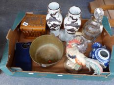 A WOODEN JERUSALEM PUZZLE BOX, A RESIN COCKEREL. A BRASS PAN, TWO ORIENTAL VASES, A SILVER PLATED