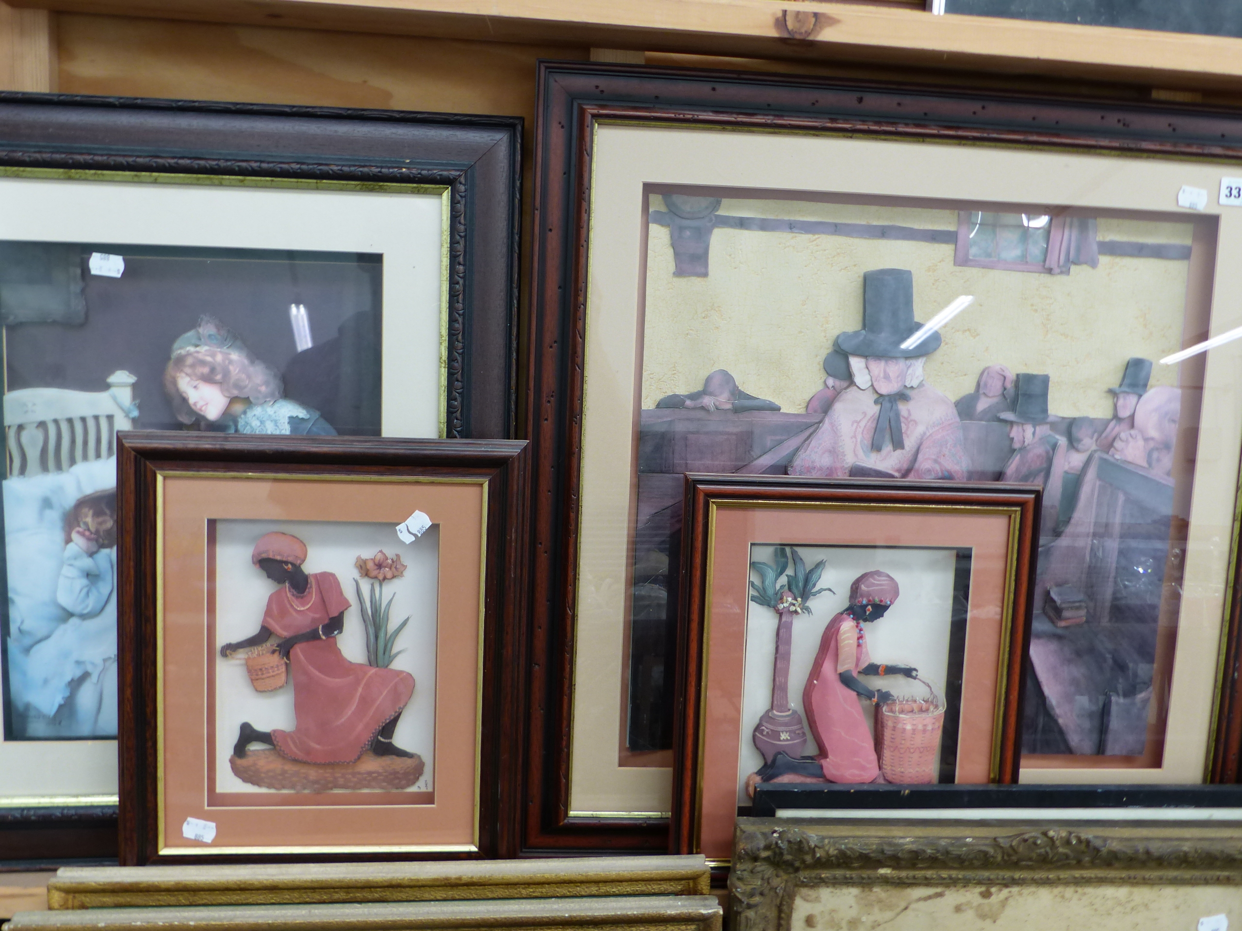 UNUSUAL SHADOW BOX FRAMED FIGURAL PICTURES SIZES VARY LARGEST 67 x 67cm (4)