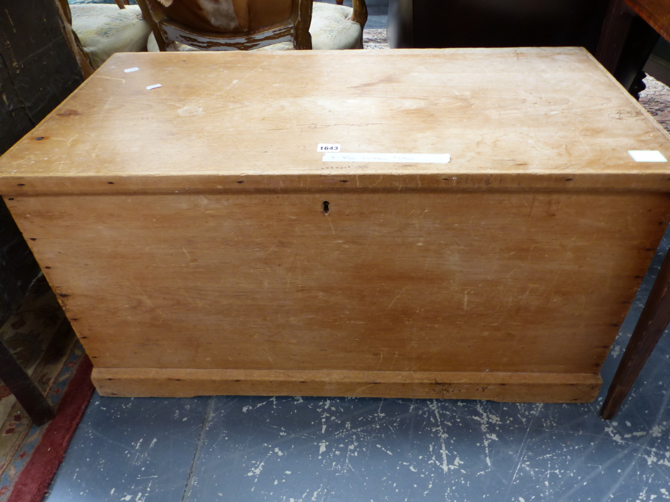 A 19th C. PINE COFFER WITH INTERIOR CANDLE BOX. W 93 x D 49 x H 50cms.