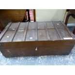 A PAINTED TEAK OFFICERS TWO HANDLED TRUNK. W 100 x D 51 x H 35cms.