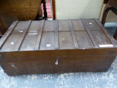 A PAINTED TEAK OFFICERS TWO HANDLED TRUNK. W 100 x D 51 x H 35cms.