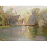 19th / 20th CENTURY IMPRESSIONIST SCHOOL, THE MILL POND. SIGNED INDISTINCTLY OIL ON CANVAS 56 x