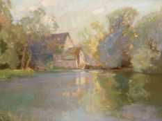 19th / 20th CENTURY IMPRESSIONIST SCHOOL, THE MILL POND. SIGNED INDISTINCTLY OIL ON CANVAS 56 x