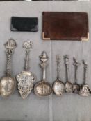 A SMALL COLLECTION OF DUTCH SILVER SPOONS, A GOLD MOUNTED LEATHER WALLET AND A SILVER EXAMPLE