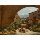 19th / 20th C CONTINENTAL SCHOOL. A NORTH ITALIAN RIVERSIDE VILLAGE, INDISTINCTLY INITIALLED OIL