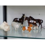 TWO BESWICK PIGS, A BESWICK FOAL, A CORGI AND TWO FURTHER HORSE FIGURES.