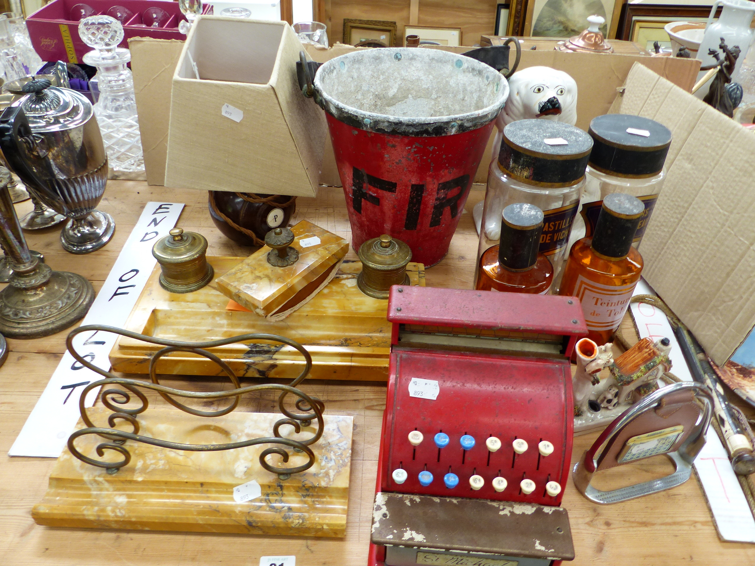 TWO VINTAGE FRENCH GLASS CANISTERS AND TWO SIMILAR DESIGNED BOTTLES, A VINTAGE DESK CALENDAR, A