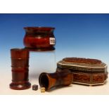 A LIGNUM VITAE CYLINDRICAL BOWL. Dia. 10.5cms. TWO TREEN DICE SHAKERS TOGETHER WITH AN INDIAN CARVED